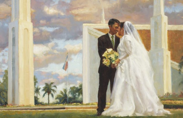 Portrait of a bride and groom in the Manila Philippines Temple.