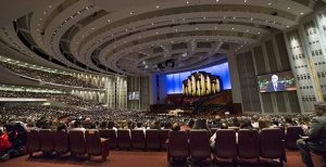 Conference goers listen to the talks during the 188th Annual General Conference of The Church of Jesus Christ of Latter-day Saints, in the Conference Center in Salt Lake City on Sunday, April 1, 2018.