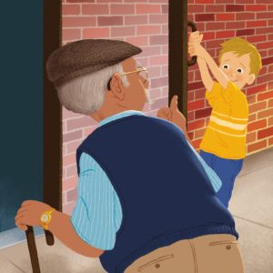 boy holding door for elderly