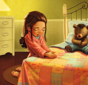 a girl in bed kneeling in prayer